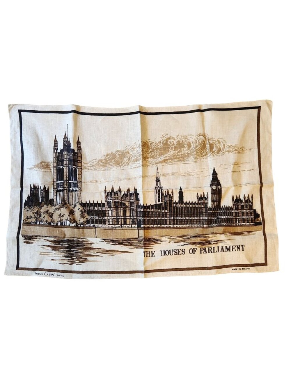 Vintage Irish Linen Tea Towel Featuring The Houses Of Parliament Unused